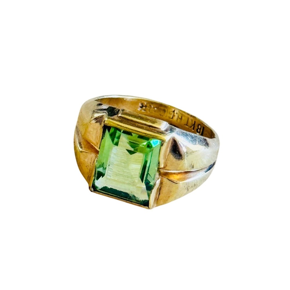 Uncas Cocktail Ring Green Emerald Cut 18k Gold ElectroPlated VTG Signed Retro